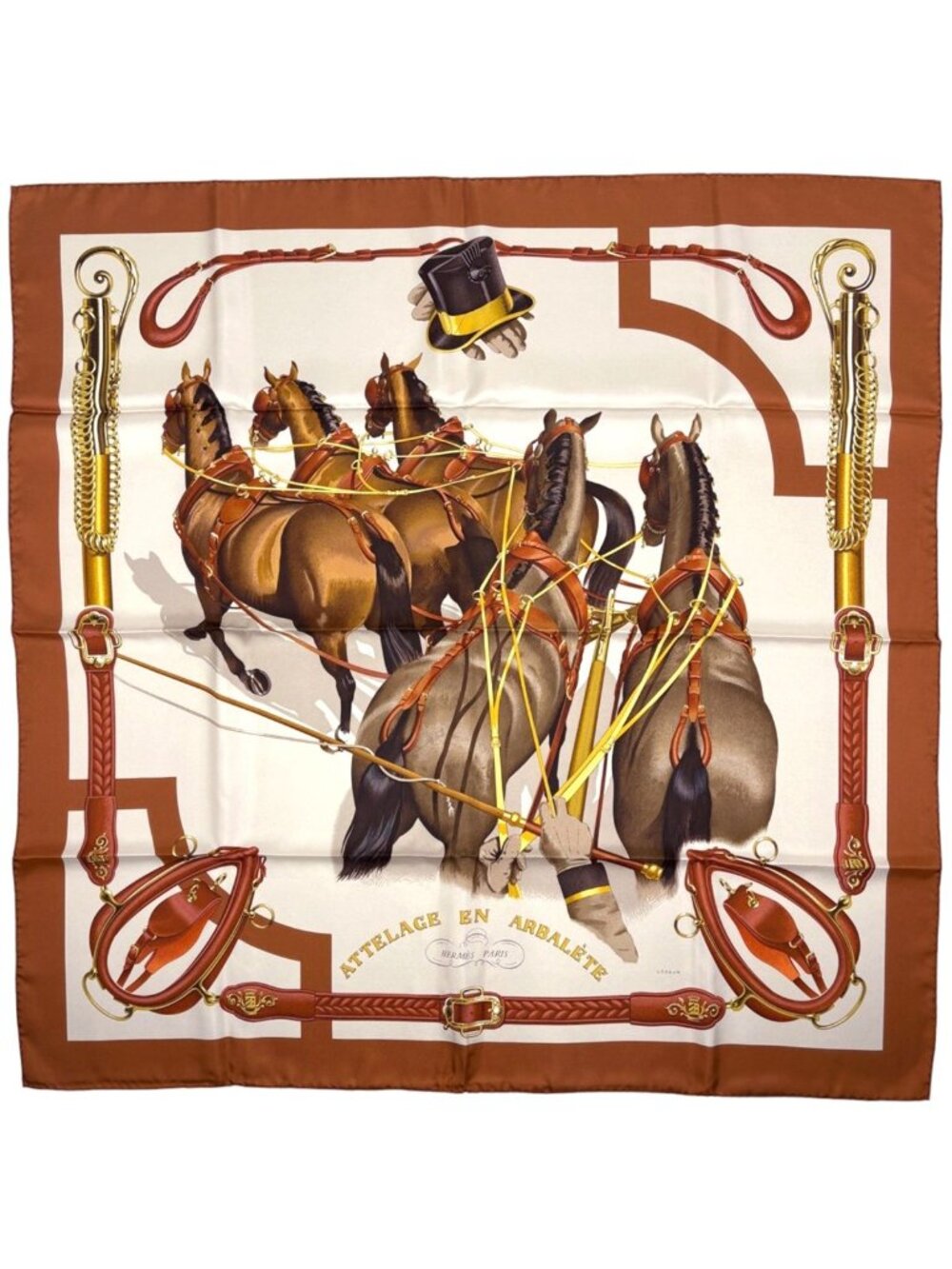 Hermes Carre 90 Attelage en Arbalete Scarf Carriage Bow Connection Silk Brown